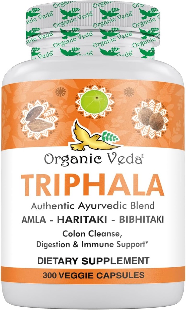 Organická Veda Triphala Powder 300 Kapsule, 1000 mg - Organická Triphala Supplement pre Colon Cleanse, Immune, Gut & Digestion Health - Celozelené Antioxidanty Amla, Haritaki & Bibhitaki - Vegan Pills