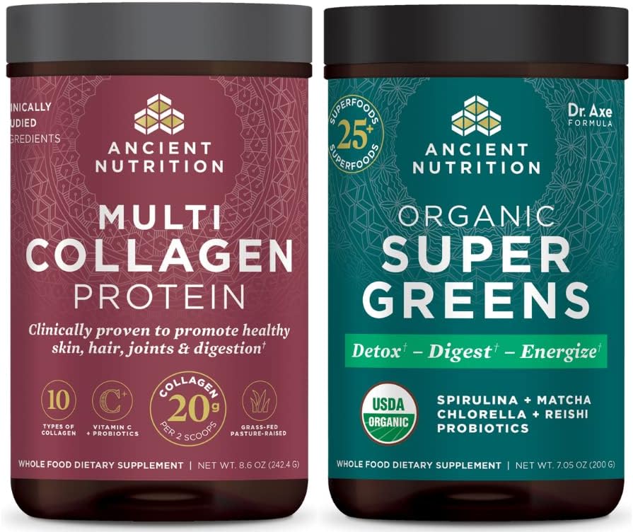Ancient Nutrition Multicolagen Protein Powder, unflaved, 24 Servings + Supergreens Powder, Greens Flavor, 25 Servings