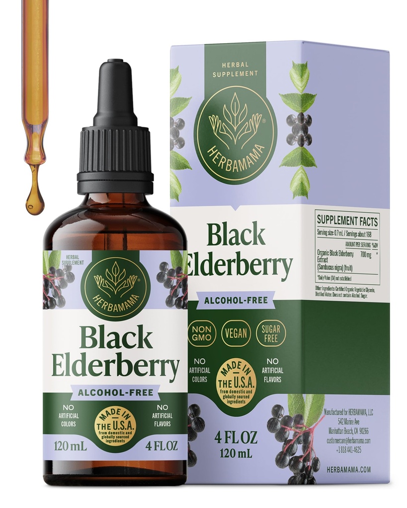 HERBAMAMA Black Elderberry kvapky - Vegan Elderberry tekutý extrakt pre imunitnú podporu - non-GMO, Alkohol a bez cukru imunita doplnok, 42-Deň dodávky