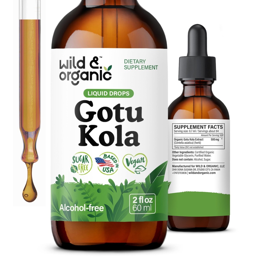 Wild & Organic Gotu Kola Herb Tinture - Podpora mozgu - Gotu Kola Liquid Extract Drops - Vegan, Cukor a alkohol-Free Centella Asiatica Supplement - 2 fl oz