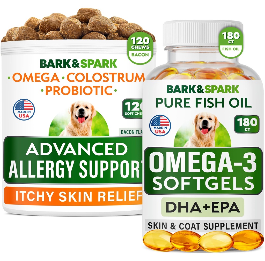 Advanced Pes Alergia + Omega 3 Bundle - Svrbenie Relief - Probiotiká w/Fish Oil Omega 3 + EPA&DHA Mastná kyselina - Kožné alergie + Spoločné zdravie - 120 Žuvačky + 180 Softgels - Bacon + Fish flavor - Made in USA