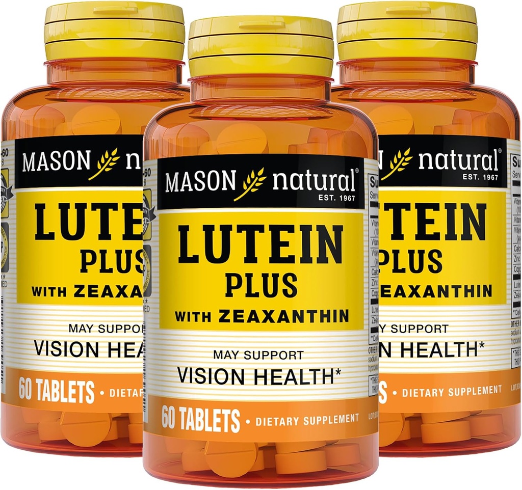 MASON NATURAL Lutein Plus s Zeaxantínom, Očné zdravie & Vision Suplement, Vitamíny A, C, E, Zinok a meď, 60 tabliet (dávka 3)