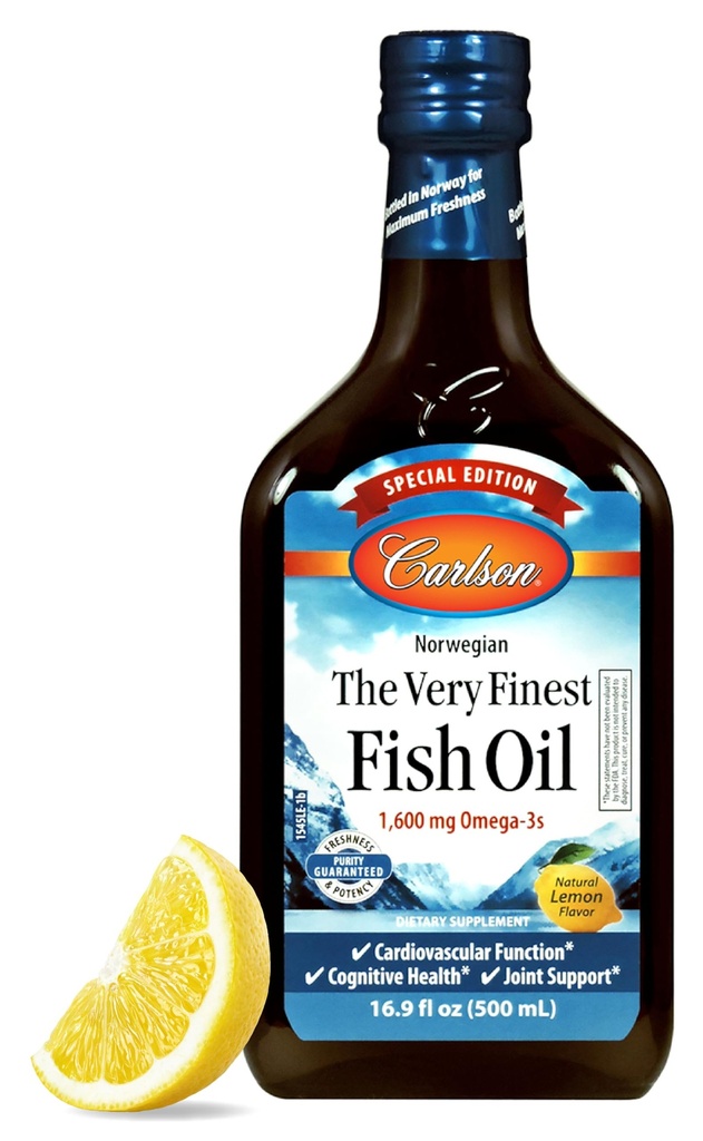 Carlson - Veľmi najjemnejší rybí olej, špeciálne vydanie, 1600 mg Omega-3s, Liquid Supplement, Norwegian Fish Oil, Wild-Caught, Udržateľne Zdrojom Tekutina, citrón, 500 ml (16,9 Fl Oz)