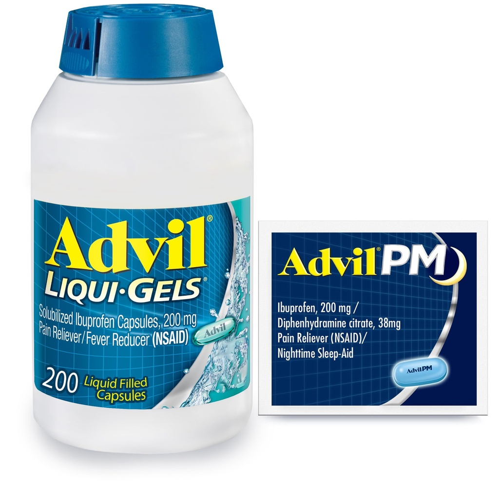 Advil Liqui-Gels Bolesť Reliever a horúčka Redukcia, Bolesť Medicína pre dospelých s Ibuprofen 200 mg pre bolesti hlavy, Backache, Menstrual Bolesť a bolesť kĺbov Relief - 200 Kapsule, Advil PM Ibuprofen - 2 Ct