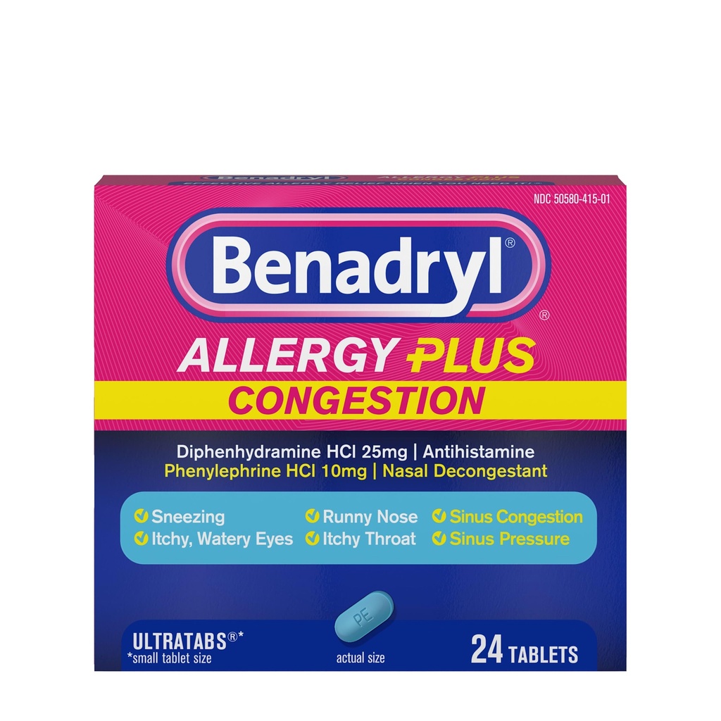 Benadryl Alergia Plus Kongescia Ultratabs, Medicína s Difenhydramín HCl Antihistaminikum & Fenylefrine HCl Nosal Dekongestant, Alergia & Sinus Kongescia Relief Tablety, 24 ot