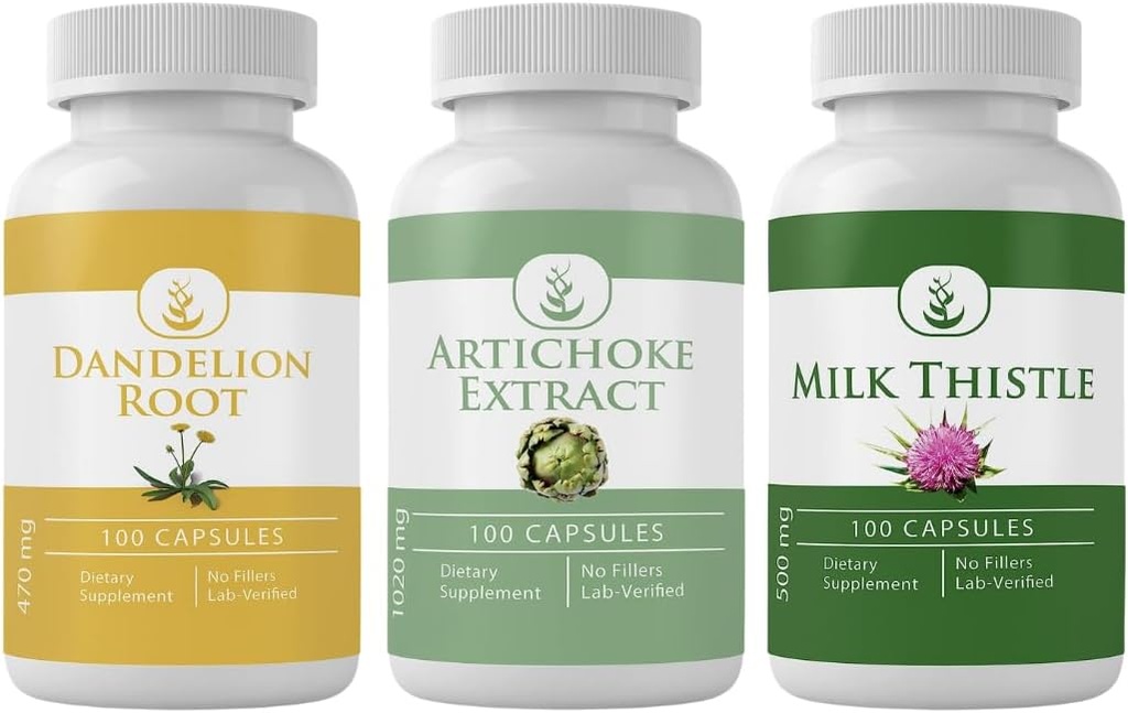 PURE ORIGINÁL SUROVINY Artičoky extrakt, Milk Thitle, & Púpava Root Kapsule Bundle (100 Kapsule Each), žiadne doplnkové látky alebo plnidlá, Lab Overené