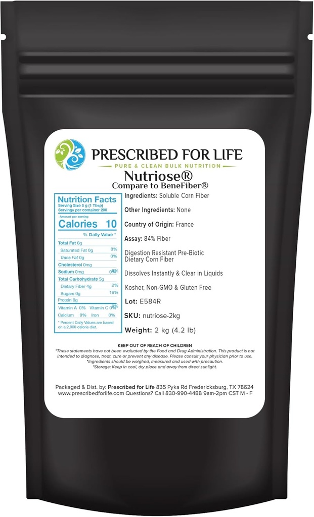 Predpísané pre život Nutrióza prášok, Prírodné vlákna Supplement, Prebiotické Rozpustné kukuričné vlákno pre dospelých, Gluten zadarmo, Vegan, Non GMO (2kg / 4.4lb)