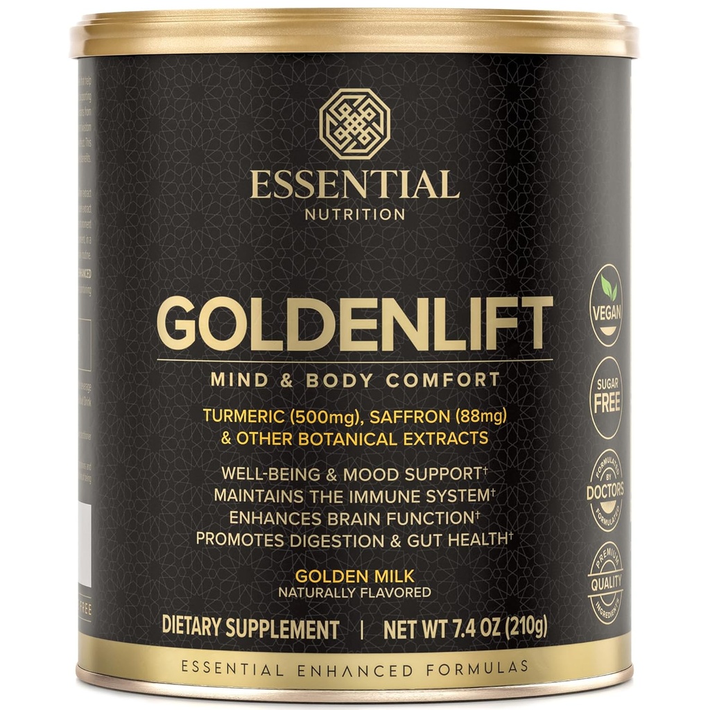 Essential Nutrition Golden Lift - Golden Milk Supplement - Vegan - With Turmeric, Saffron, Škorica, Cayenne & Black pepper Štandardizované extrakty - Mind & Body Comfort - 7.4 oz (30 Servings)