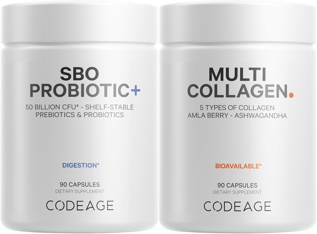 Codeage Multi Collagen Protein Capsules 5 Typy, Ashwagandha Withania Somnifera & Organic Amla Berry + SBO Probiotic Blend 50 miliárd CFU Bundle, Lactobacillus Plantarum, Bacillus Subtilis, Non-GMO