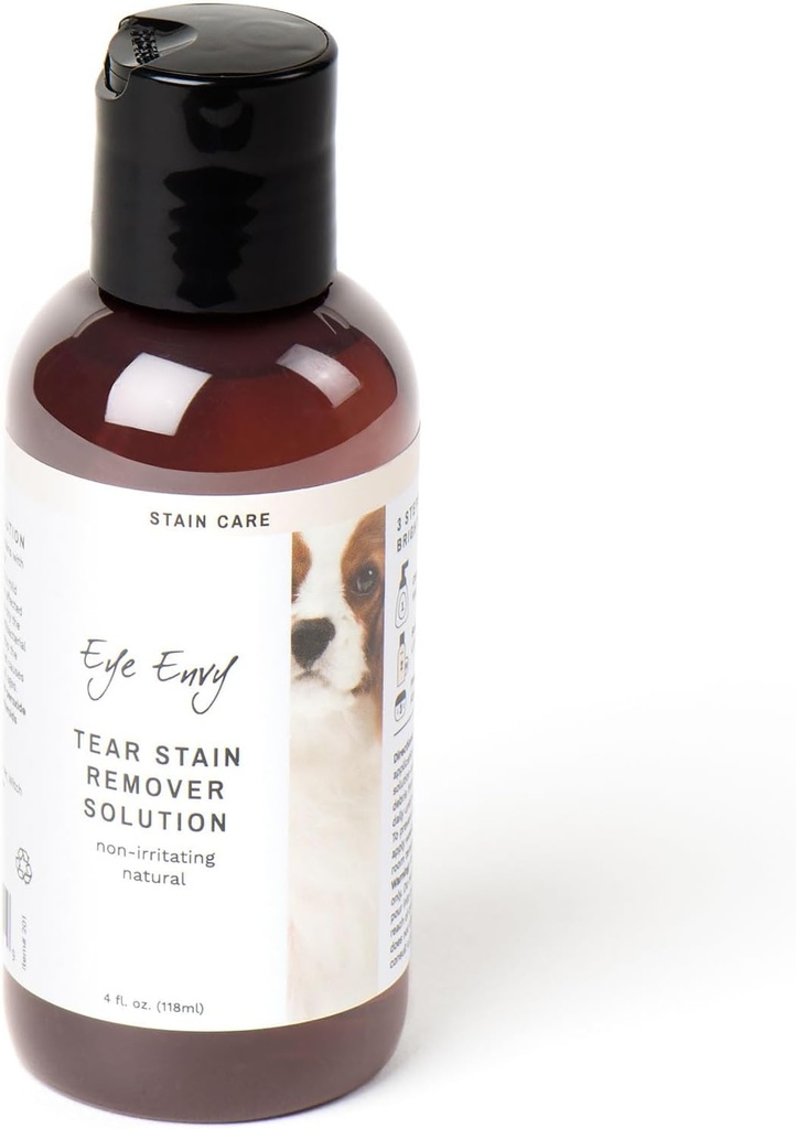 Eye Envy Tear Stain Remover Riešenie pre psy. 100% prírodné, bezpečné. Lieči príčinu zatemnenia. Odporúčané AKC Breeders, Vets, Handlers, Groomers. Obsahuje koloidné striebro. 4 oz. Vyrobené v USA