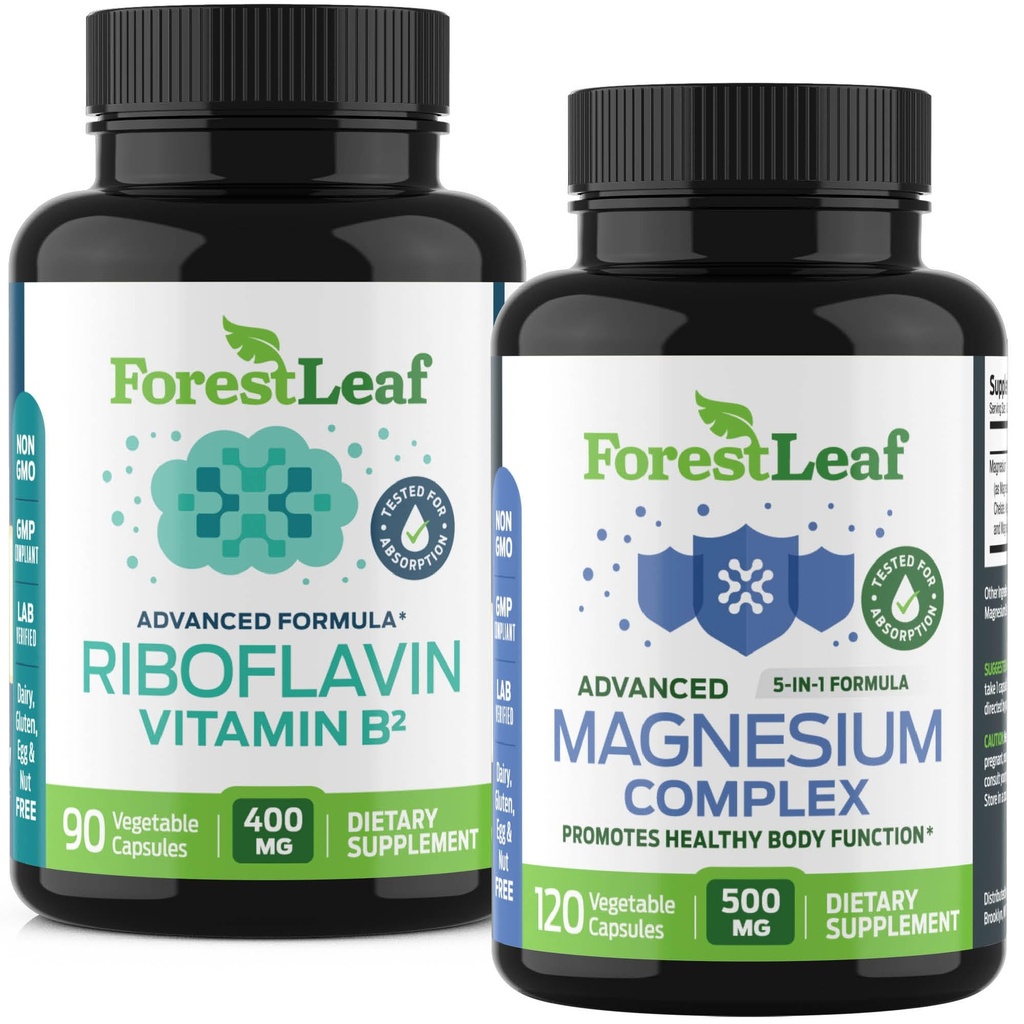 ForestLeaf Riboflavín & Magnézium Migraine Supplement - Riboflavín 400mg pre úľavu od bolesti hlavy - Ultimate Magnézium Bundle s B2 Vitamín 400mg pre Bolesť hlavy Migraine Relief Kapsule