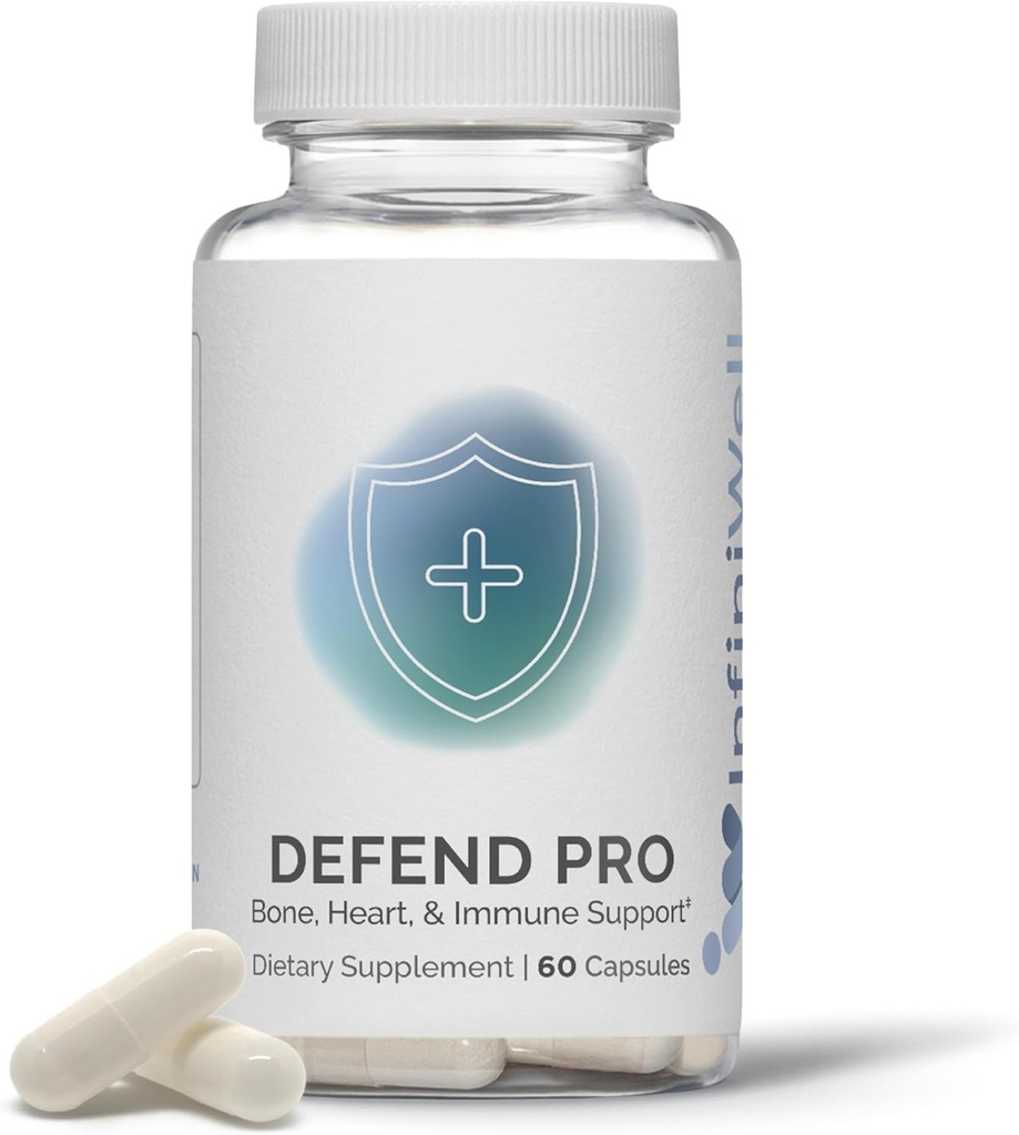 InfiniWell Defend Pro Bone & Immune Suplement - Vitamín A, D3 & K2 Supplement - Biodostupné, aktívne živiny - 250mcg VIT D - Pomoc Bone Strength, Heart Health & More (60 kapsúl)