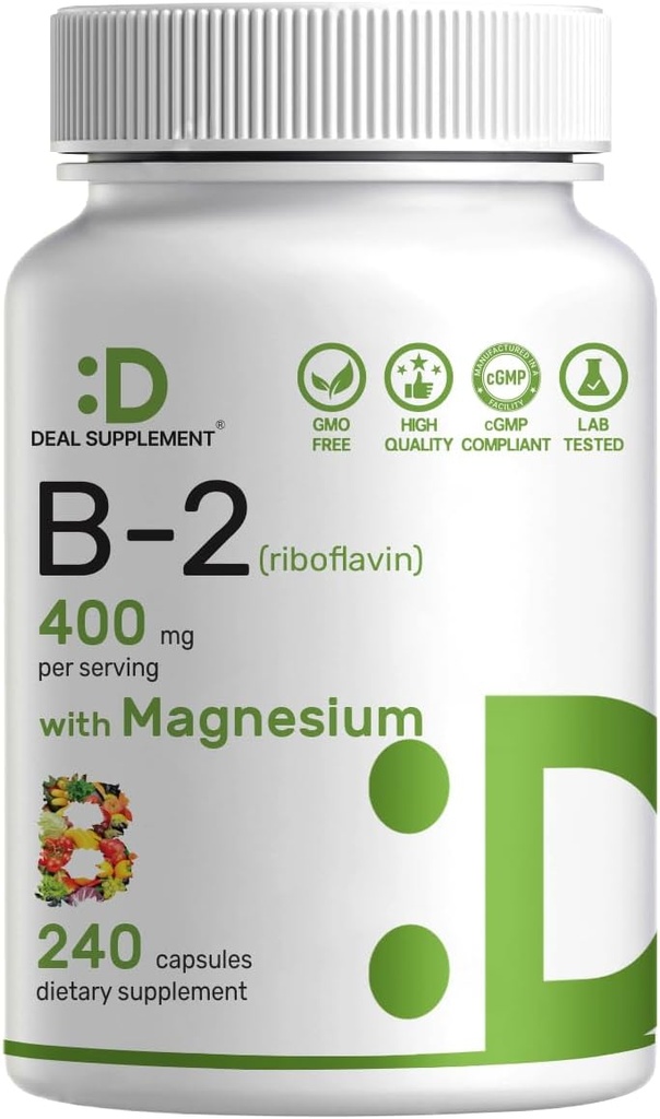 DEAL SUPPLEMENT Vitamin B2 400mg (Riboflavin) | with Magnesium Glycinate 400mg, 240 Capsules – 2 in 1 Support Healthy Nervous System, Mood, Blood & Energy Production, Non-GMO