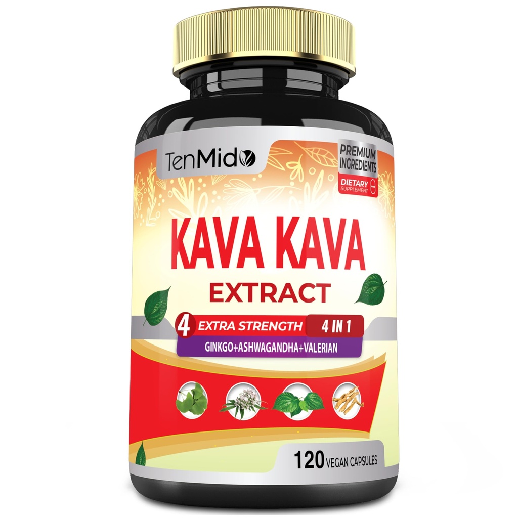 Kava Kava Supplement Extract Kapsule, 4 mesiace Supply with Ginkgo, Ashwagandha, Valerian- Relaxačné podpory Supplement- 120 Vegan Kapsule