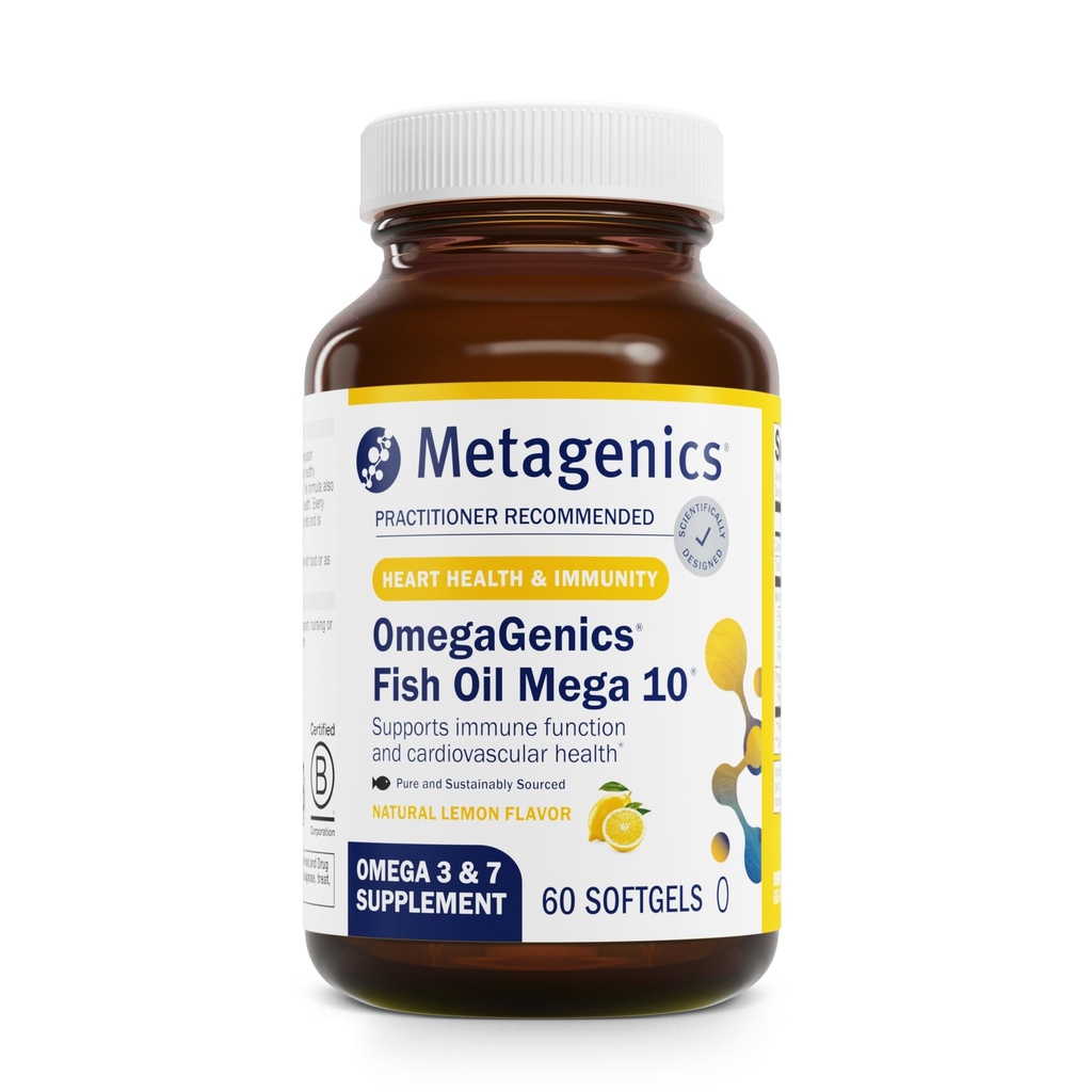 Metagenics OmegaGenics Mega 10 Omega Supplement- with Omega-7, 330 mg EPA & 170 mg DHA for Heart Health*- Sustainably Sourced & No Fishy Aftertaste - Non-GMO & Gluten-Free - 60 Softgels