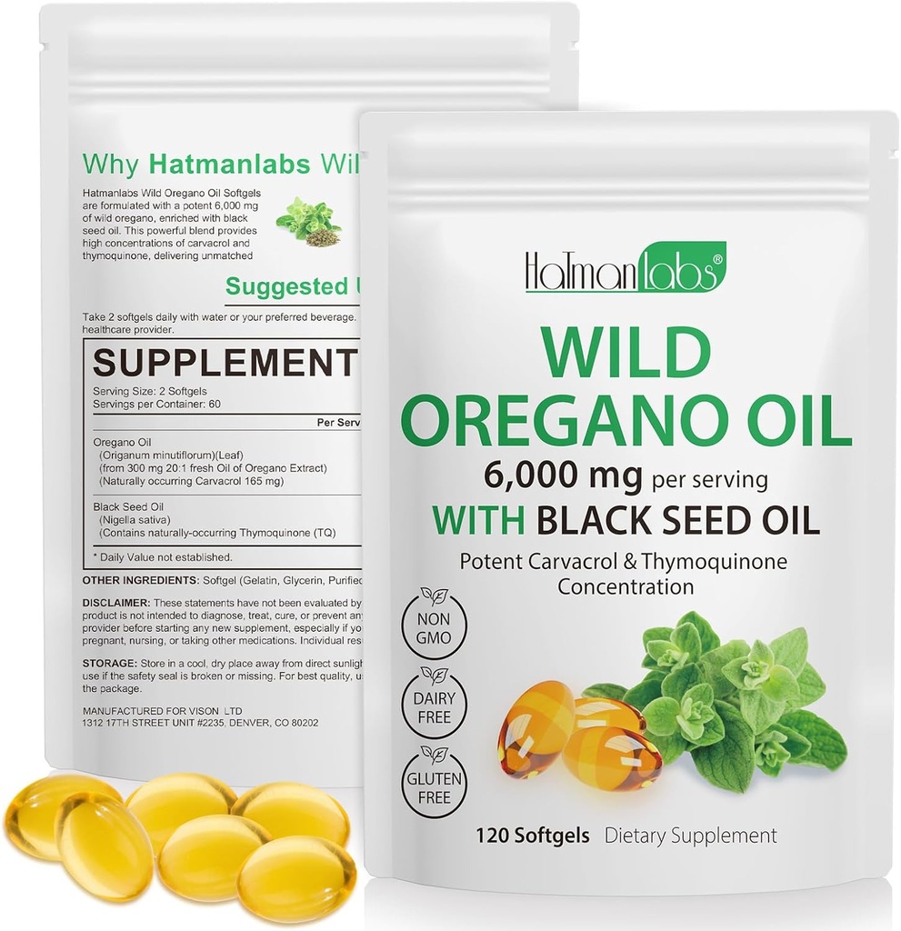 Olej z Oregano Kapsule - Zloženie Olej z Oregano Softgels - 2 v 1 6000mg Olej z Oregano s čiernym semenom olej 200mg - High Carvatrol & Thymochinón pre imunitnú podporu