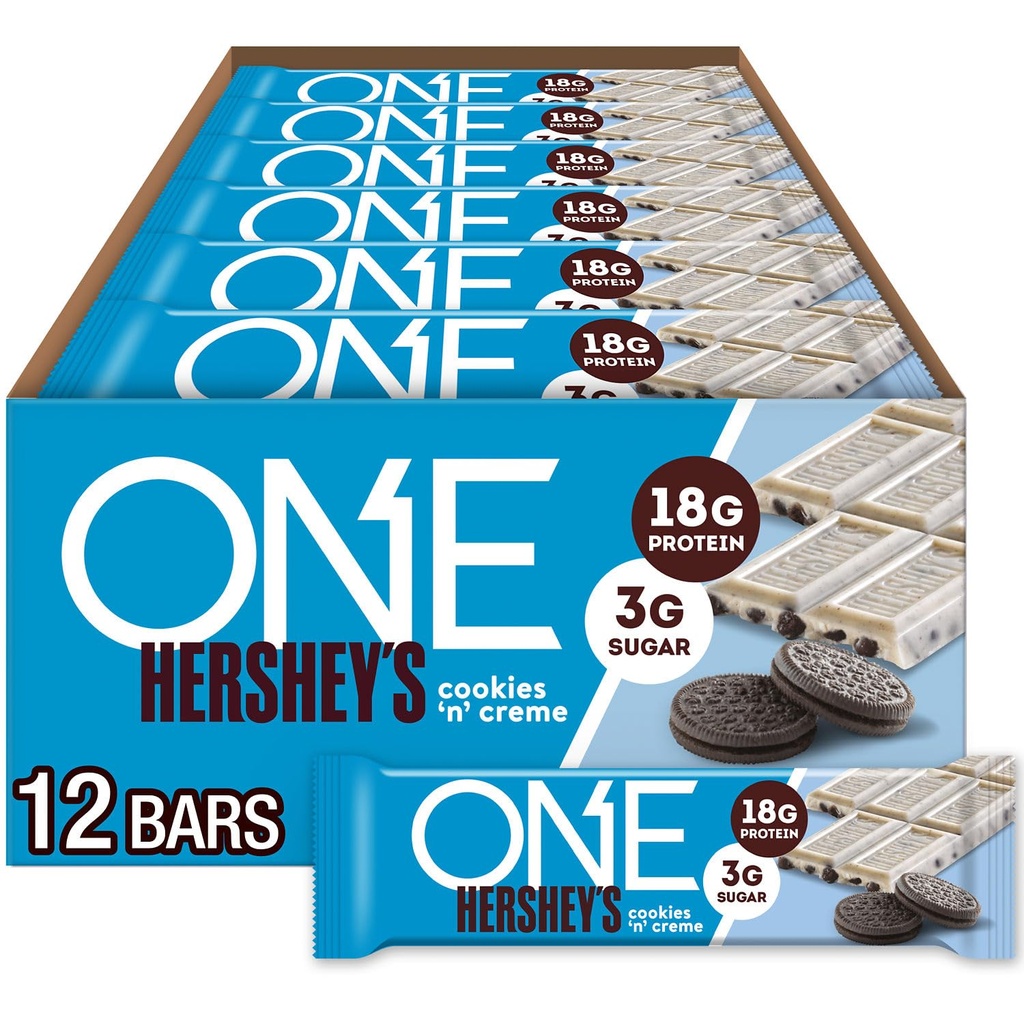 ONE Protein Bars, Hershey's Cookies 'n' Creme, Gluten Free with 18g Protein and 3g Sugar, Pantry Staples, 2,12 oz (12 Počet)