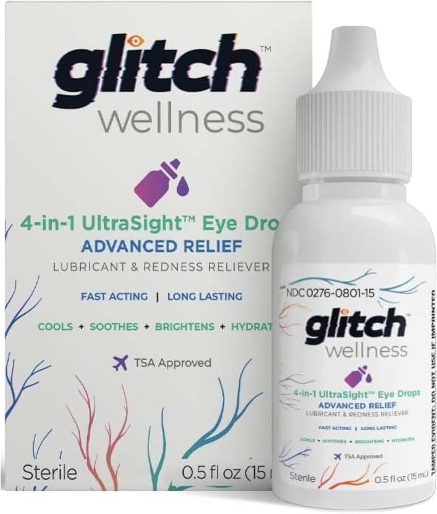 Glitch UltraSight Očné kvapky pre suché oči 15ml - 4 v 1 Pokročilá úľava suché očné kvapky - Celodenný útecha s hydratáciou, zajasnenie, chladenie - efektívne upokojuje podráždenie a suchosť - 0,5 Fl Oz
