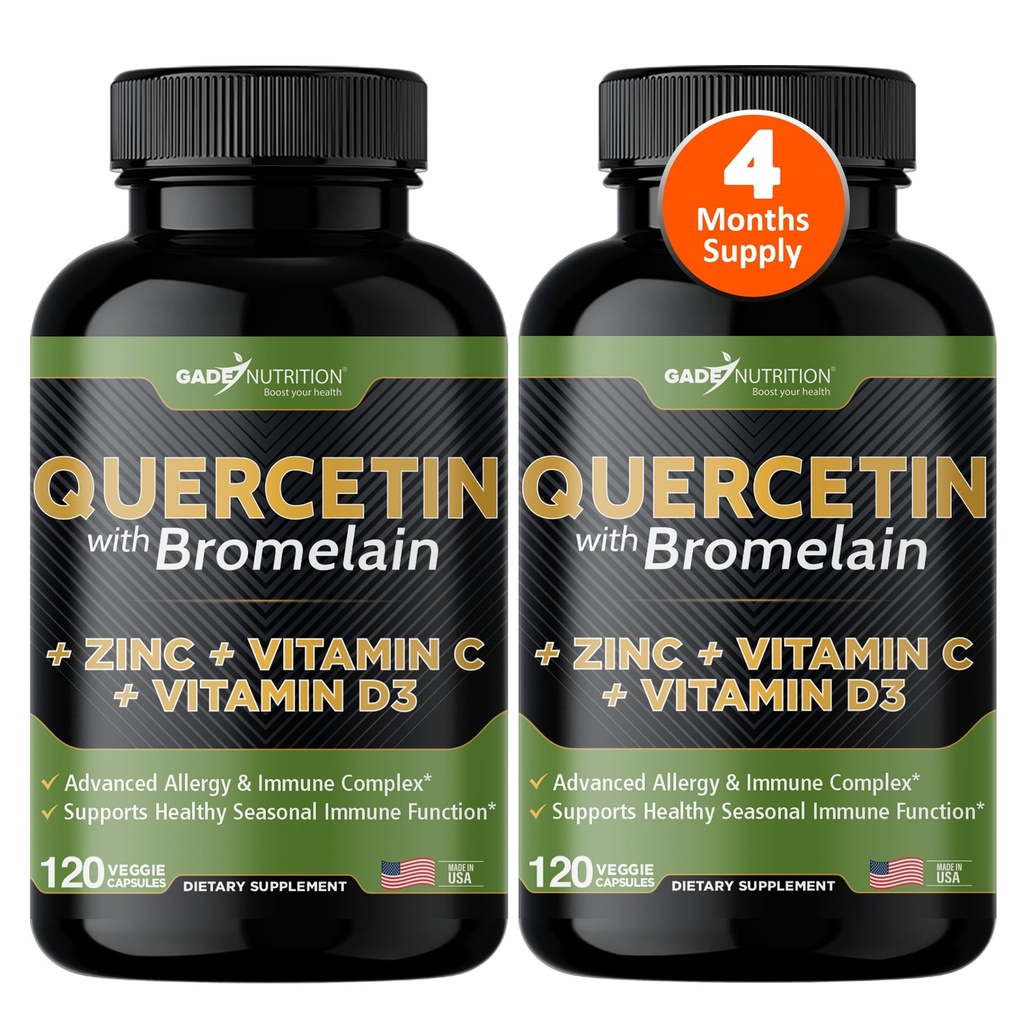 Gade Nutrition Quercetin s vitamínom C a zinkom - Quercetin 500 mg - Quercetin s hypromelínom - zinok Quercetin - Quercetin doplnky + vitamín D3 (non-GMO, Gluten-Free, Vegan) - 4 mesiace