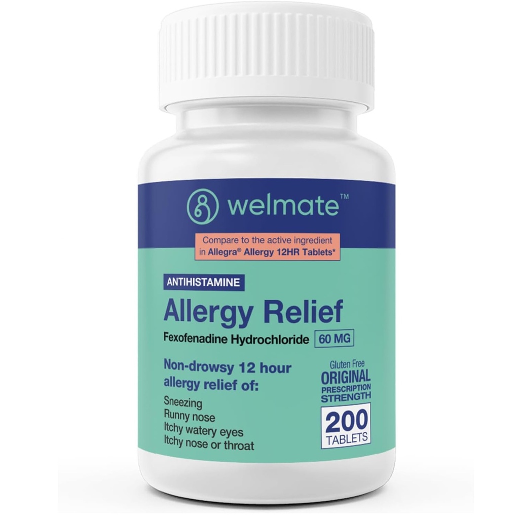 WELMATE - Alergická úľava - Fexofenadín HCl 60 mg - 12 hodinová non-Drowsy Antihistaminika - Kýchanie - Runny nos - Svrbivé oči, nos a hrdlo - Alergy Relief Tablets - 200 Počet