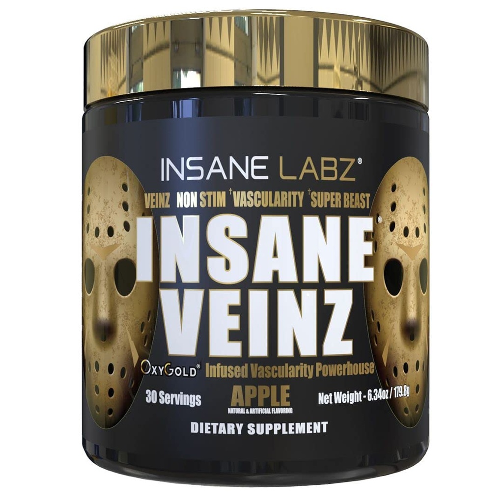 Insane Labz Insane Veinz Gold, Nestimulačný prášok oxidu dusnatého pred cvičením, zaťažený hydromaxom, nitrosigin, zvyšuje cievnosť a prietok krvi, 30 Srvgs, Apple