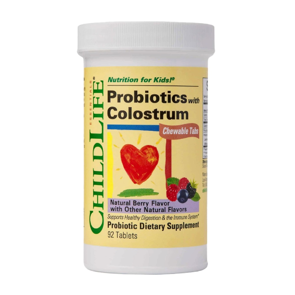 CHILDLIFE ESSIENTIS ChildBiotics with Colostrum-Probiotiká pre deti, Probiotiká pre trávne zdravie, Chewables, Detské probiotiká, Colostrum pre deti, Gluten Free - Natural Berry, 92 Tablets
