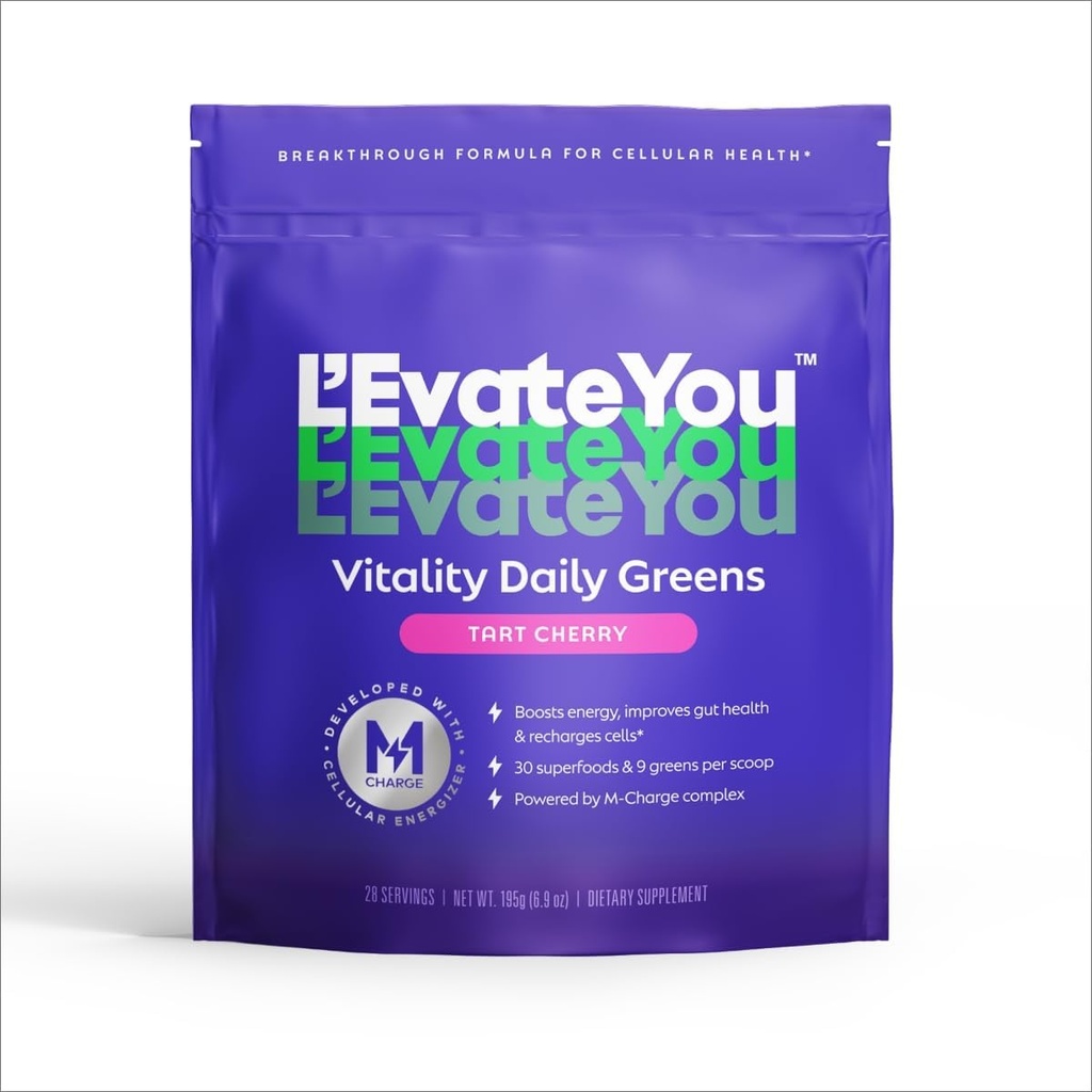 L'Evate You Vitality Daily Greens Powder (28 Servings) 30 Superfoods, 9 Greens - for a Cellular Energy Boost, Powered by M-Charge Complex for All Day Energy (Tart Cherry)