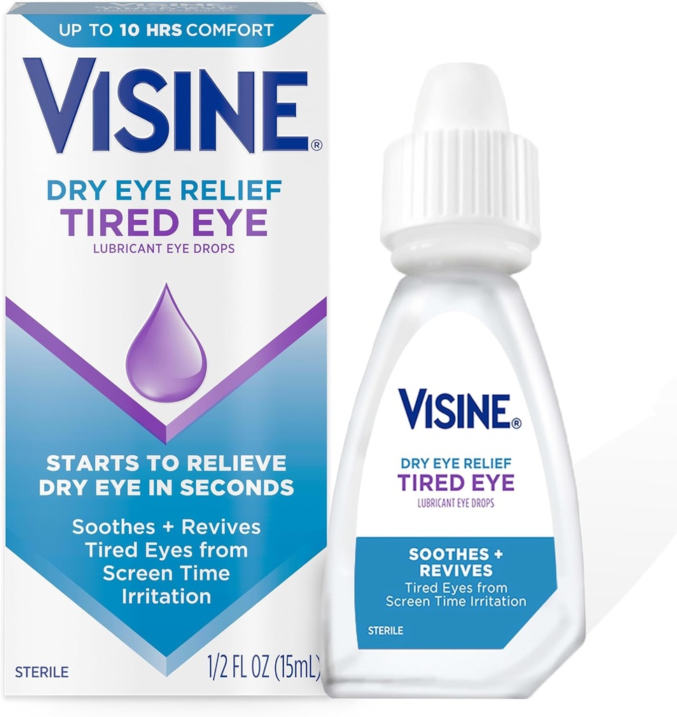 Visine Dry Eye Relief Tired Eye Lubricant Eye Drops, Hydratačné a upokojujúce Sterilné kvapky pre podráždené, suché a unavené oči Vzhľadom na čas podráždenia obrazovky, Polyetylén Glycol, 0,5 fl. oz