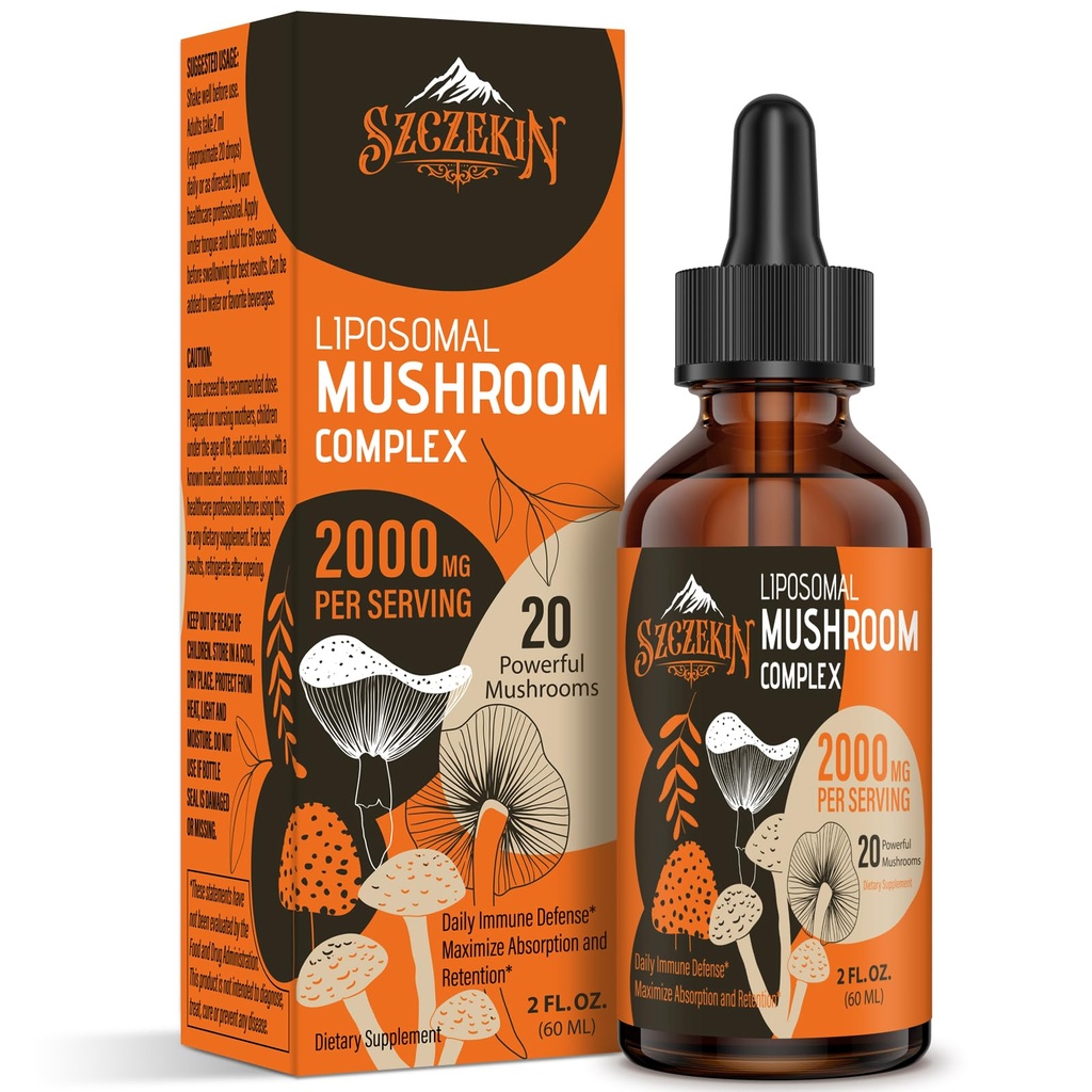 Lipozomálny Mushrom Complex kvapky 2000 MG - 20 Organické Hubové extrakty - Advanced Liquid Formula pre imunitu, kognitívne a pamäť - Lions Mane Supplement, Reishi, Cordyceps, Chaga, 30 Slúži