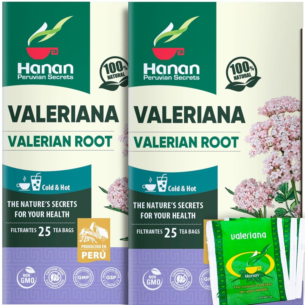 Hanan Valerian Root Tea for Bedtime (50 Bags) - Te de Valeriana, Bylinný upokojujúci nočný čaj - 100% Pure, Caffeine-free, Non-GMO, Herb z Peru - Balenie 2 Boxy