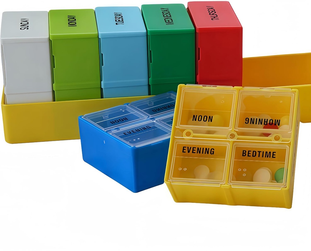 Veľký týždenný pilulka prípad, 7-Day Pill Case Compartments, Pill Organizátor 4 Times Daily, 4-A-Day Pill Container, Secure Compartments, 7.8 x 2.3 x 2.3 in, Yellow