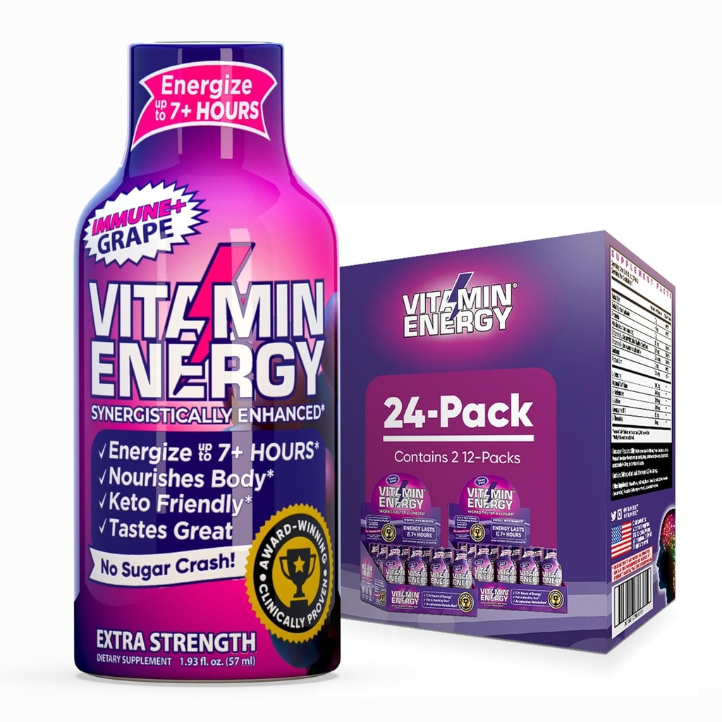 Vitamín Energy Immune+ Extra sila Energia Shot Grape 24 Balenie, 260mg Prírodný kofeín, B-vitamíny, Citicolín, zelený čaj, odolnosť a zaostrenie podpora, Zero Cukor, Gluten-free 1,93 fl oz
