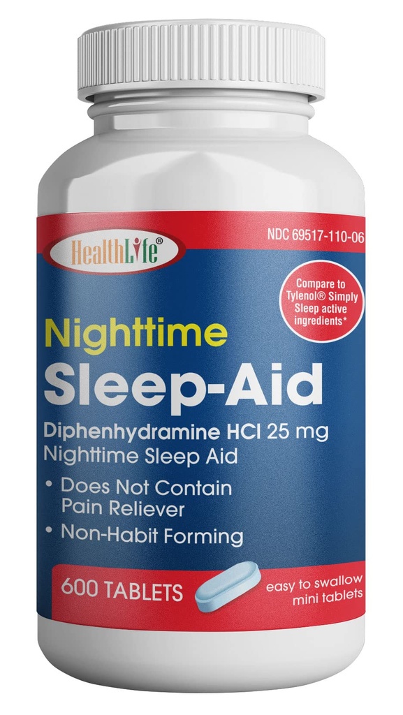 HealthPharma Nighttime Sleep-Aid, Difenhydramín HCL Caplets, 25 mg (modrá), 600 Počet