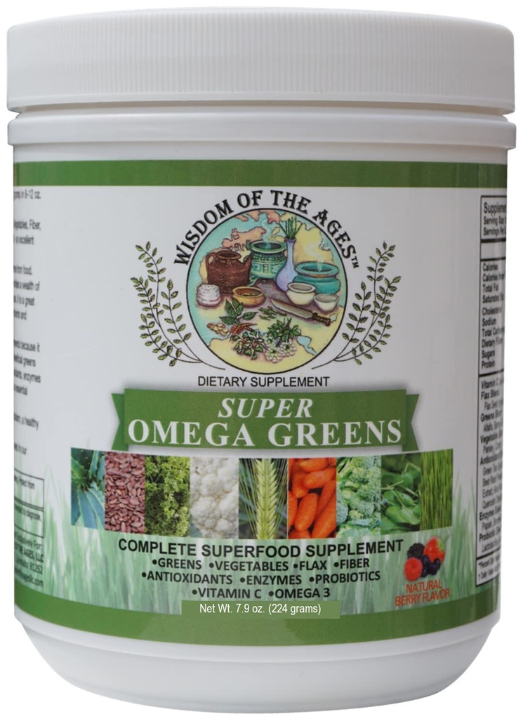 Super Omega Greens Complete Superfood Supplement with Greens, Zelenina, Ľan, Fiber, Antioxidanty, Enzymes, Probiotiká, Vitamín C a Omega 3-7.9oz prášok