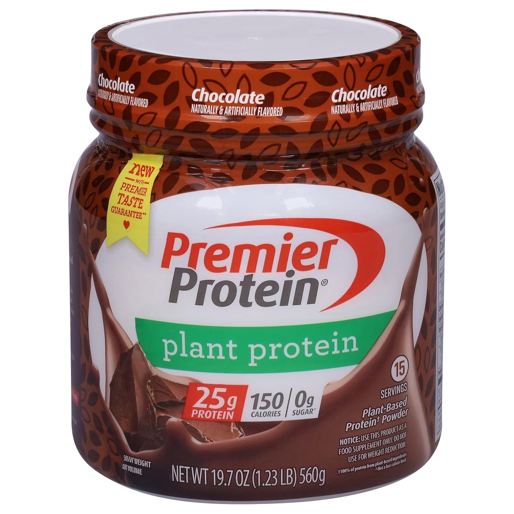 Premier Protein Powder Plant Protein, Chocolate, 25g Plant Based Protein, 0g Sugar, Gluten Free, No Soy or Dairy Ingredients, 15 Servings