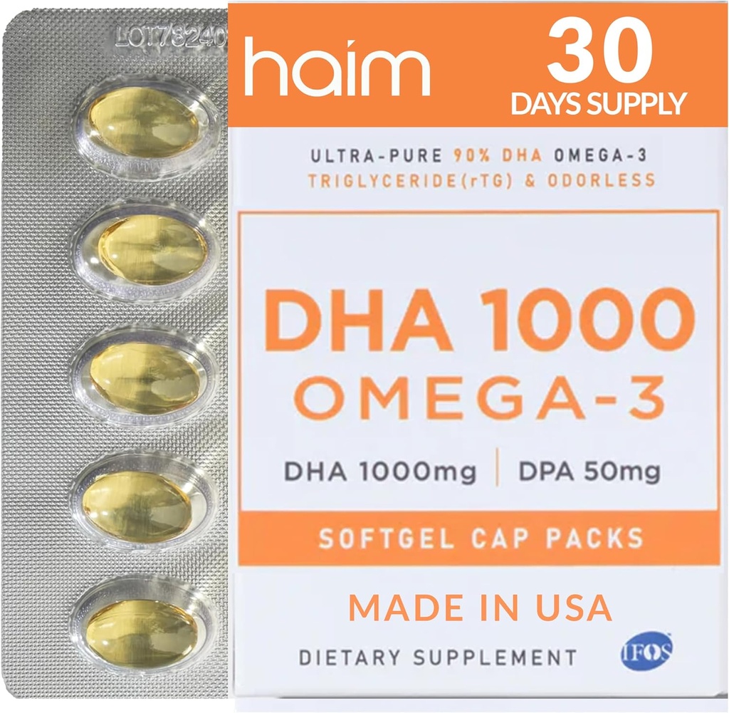 HAIM DHA 1000 Omega-3 rybí olej - 90% Čistota s 1000mg DHA, 50mg DPA - Suplement Fish Oil High Potency for Brain, Eye & Heart Support - Podporuje celkový wellness & Focus - 1 Box, 60 Softgels