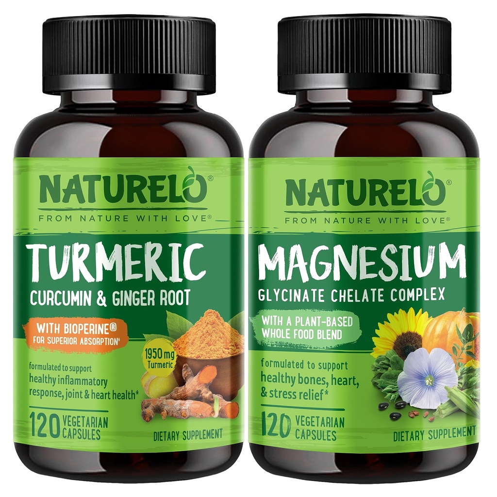 NATURELO Tumeric Curcumin, Plant Based Joint Support, Magnézium Glycinate, 200 mg Magnézium - Bez lepku, Non GMO - 120 Kapsule