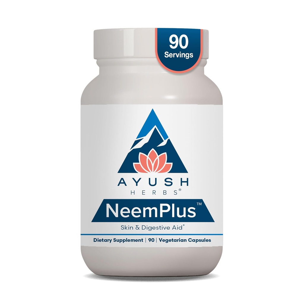 Ayush Herbs Neem Plus - Tráviace zdravie pre ženy a mužov, Gut Suplement for Žalúdok a zdravie kože, Immune Support - 90 Vegetariánskych kapsúl (1 počet)