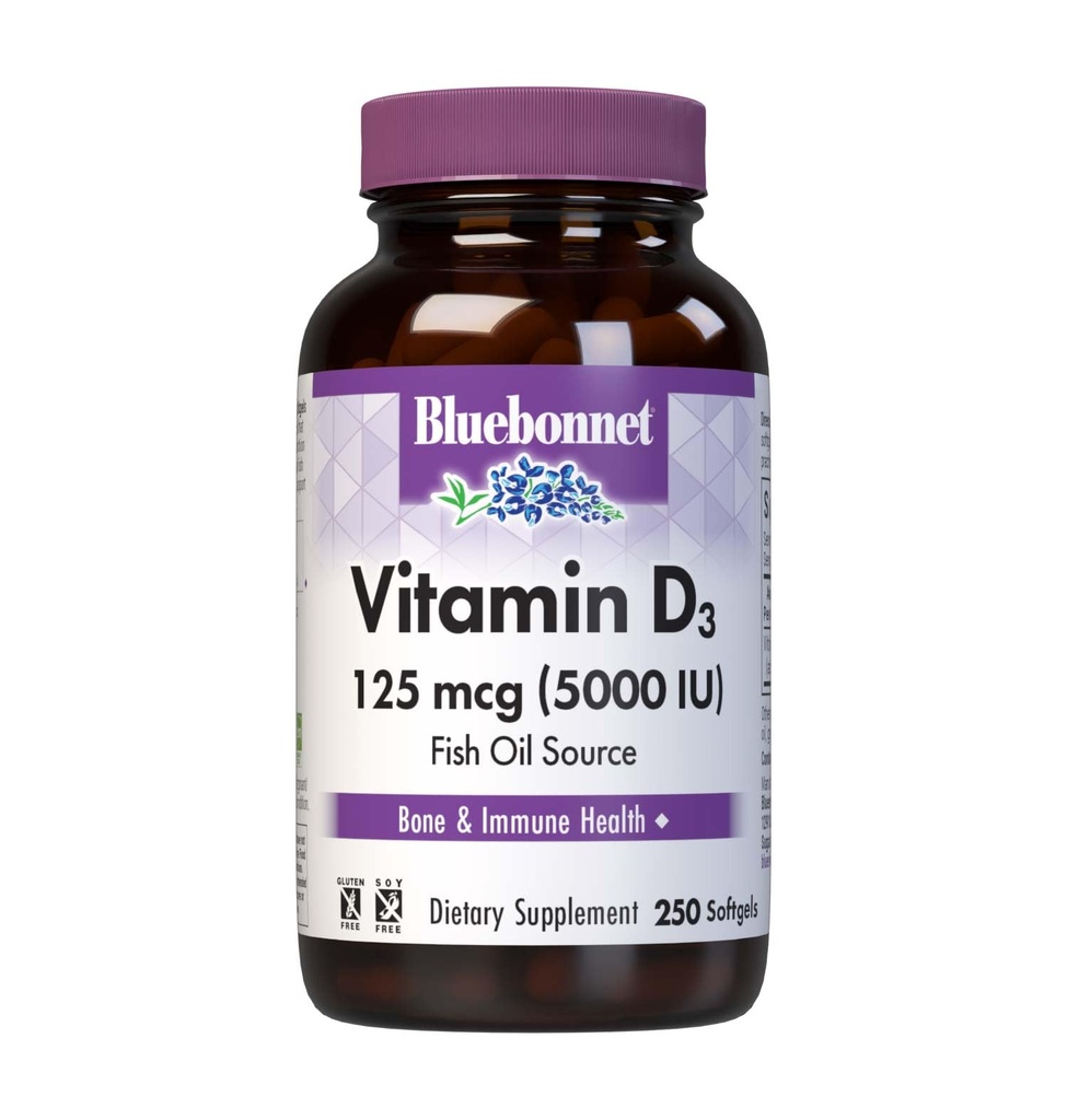 Bluebonnet Nutrition Vitamín D3 5000 IU Softgels, Aids in Muscle and Skeletal Growth, Cholekalciferol from Fish Oil, Non GMO, Gluten Free, Soy Free, Dairy Free, Yellow, 250 Softgels