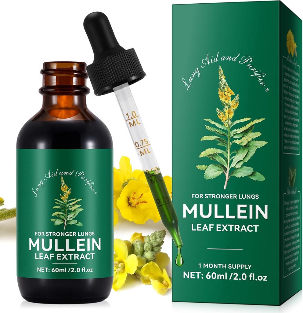 Mullein Drops for Lungs, Mullein Leaf Extract for Lung Cleanse, Respiratory Healthy Breathing Support for Smokers|Natural & Vegan & Alcohol Free| 2 FL OZ