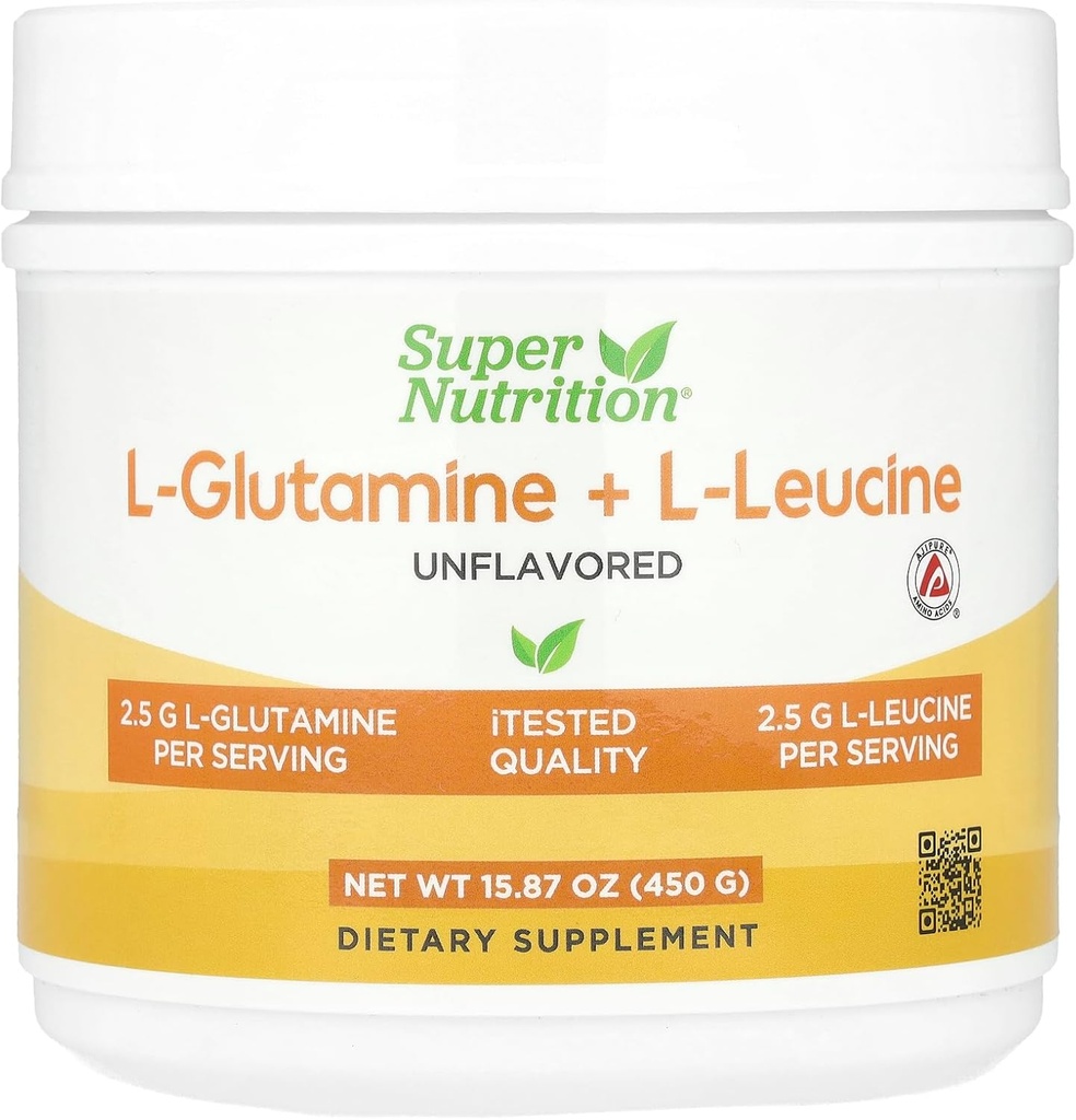 Super Nutrition L-Glutamine + L-Leucine, Unflavred, 15.87 oz (450 g)