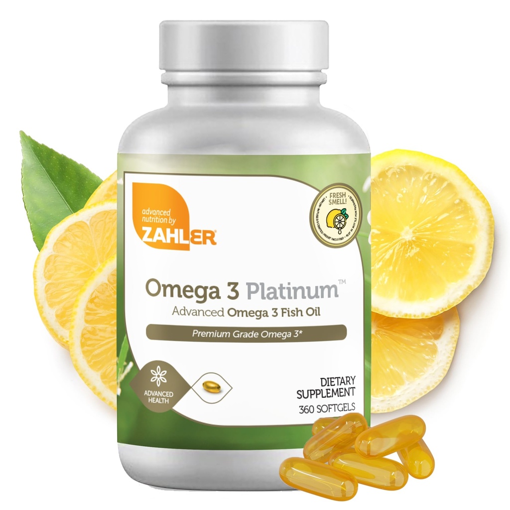 Zahler Omega 3 Rybí olej - Omega 3 Doplnky s mastnými kyselinami, 600 mg EPA a 400 mg DHA - Doplnky odvodené od Košer tuniaka - podporuje zdravie mozgu a srdca (360 Softgels)
