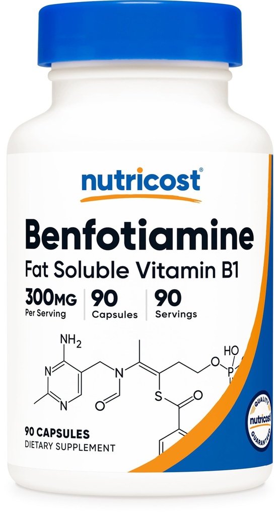 Nutricost Benfotiamín 300 mg, 90 kapsúl - bez lepku, bez GMO a vegetariánsky priateľský tuk rozpustný vitamín B1