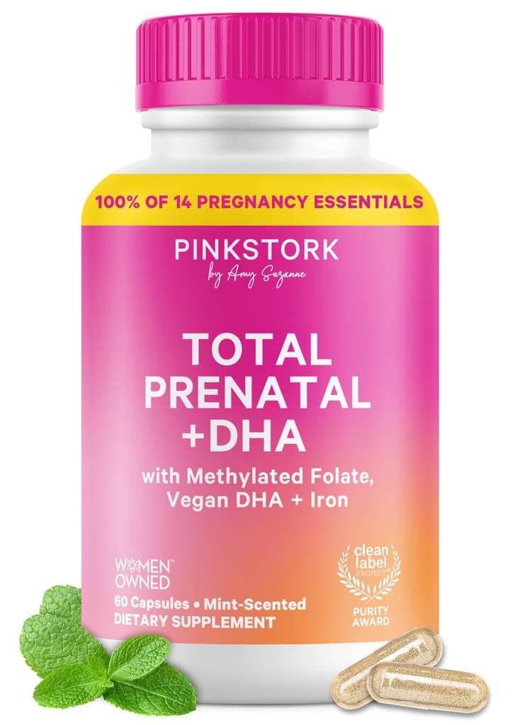 Pink Stork celkové prenatálne vitamíny s DHA, folát, železo, cholín, a vitamín B12 - predkoncepcia výživy - prenatá pre ženy, tehotenstvo Essentials - Mint Essence, 60 kapsúl, 1 mesiac dodávky