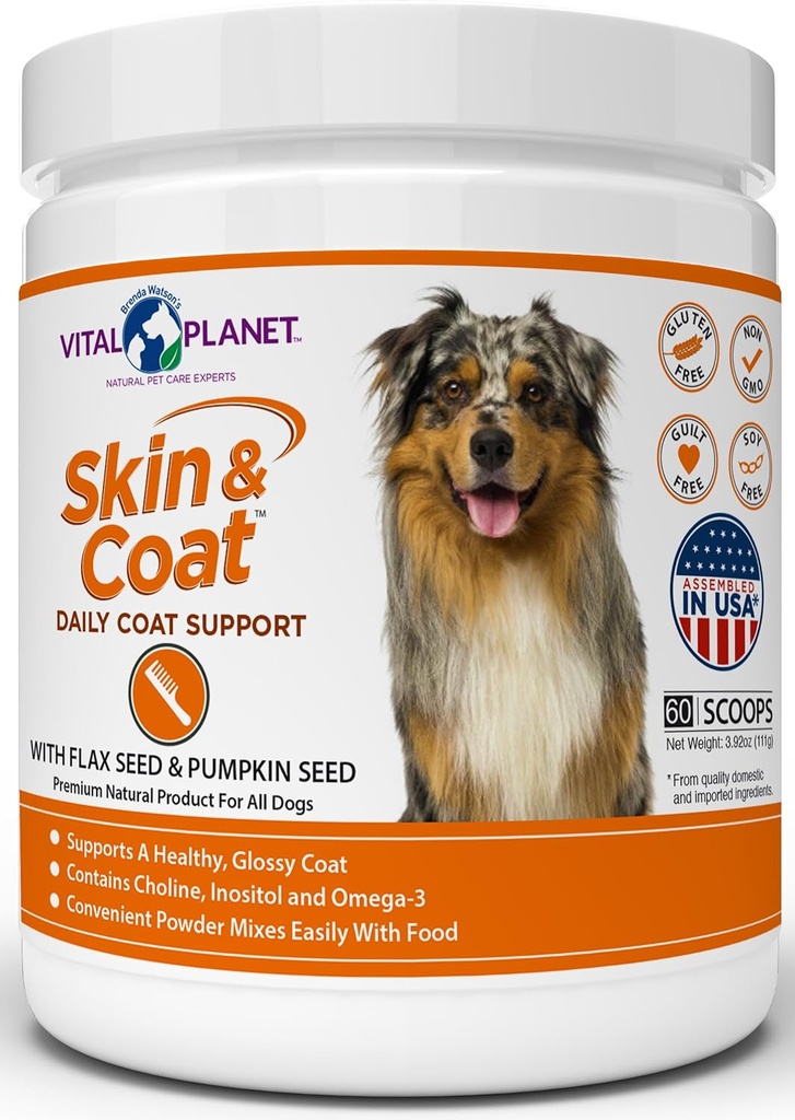 Vital Planéta - Skin and Coat Powder Supplement for Psy s choline, Inozitol, tekvica, Ľan a Omega-3 Oleje na podporu mäkké lesklý zdravý plášť a pre sezónne alergie - 60 Scoops, 111g, 3.92oz