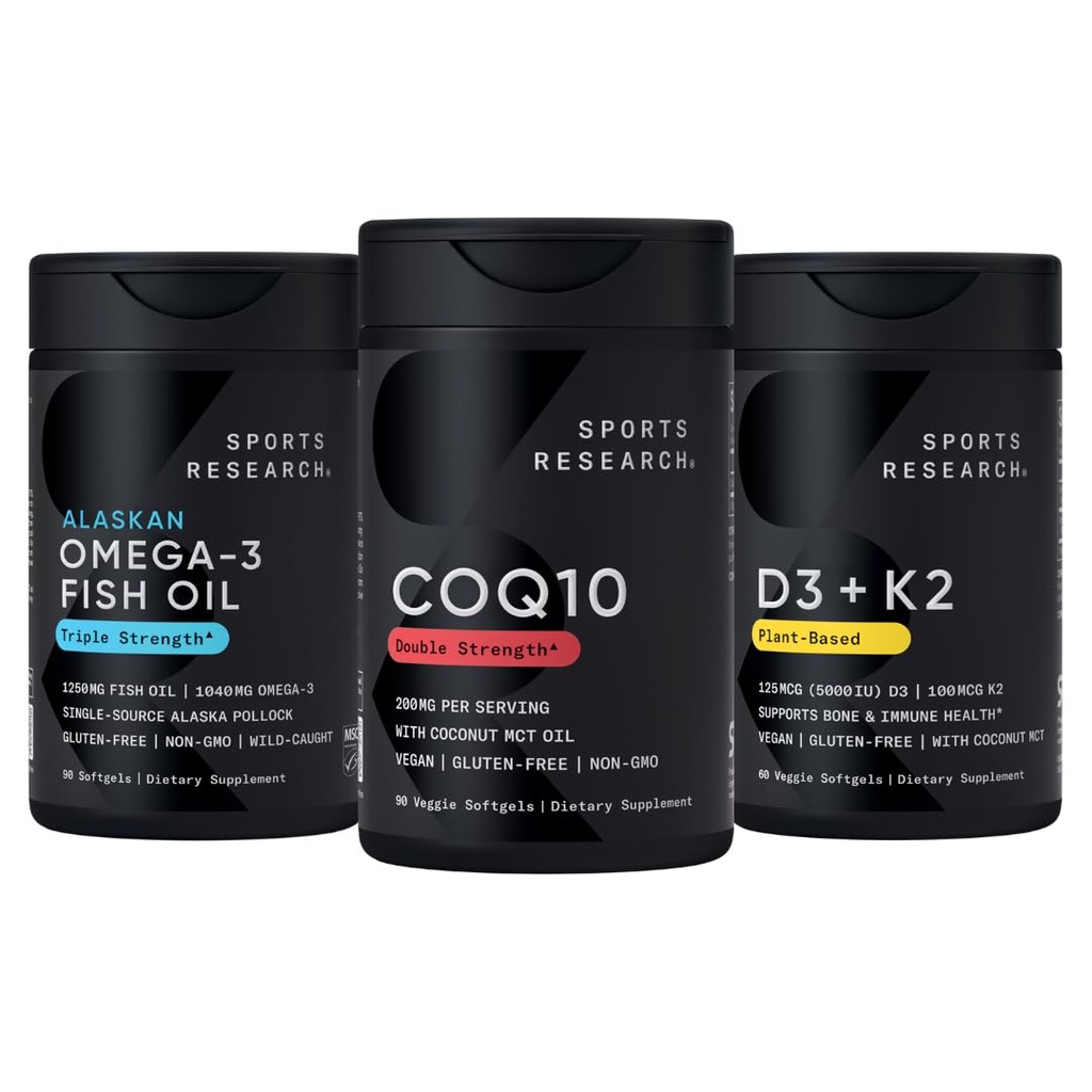 Športový výskum 1250 mg Omega 3 Burpless Fish Oil z jedného zdroja Wild Aljašský Pollock, CoQ10 (200mg) Vylepšený w/Coconut MCT Olej pre lepšiu absorpciu a 5000iu vitamín D s 100 μg Mk7 vitamín K