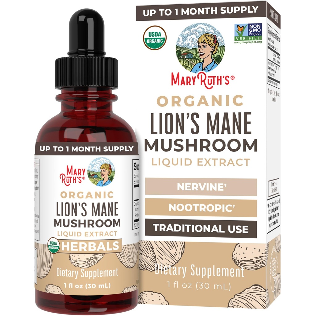 MaryRuth Organics Lions Mane Mushroom Supplement, Až 1 mesiac Supply, Nootropic USDA Organic Lions Mane Extract Nervine Herbal Liquid Drops, Brain Health Non-GMO Vegan Alkohol Free Tinture, 1 Fl Oz