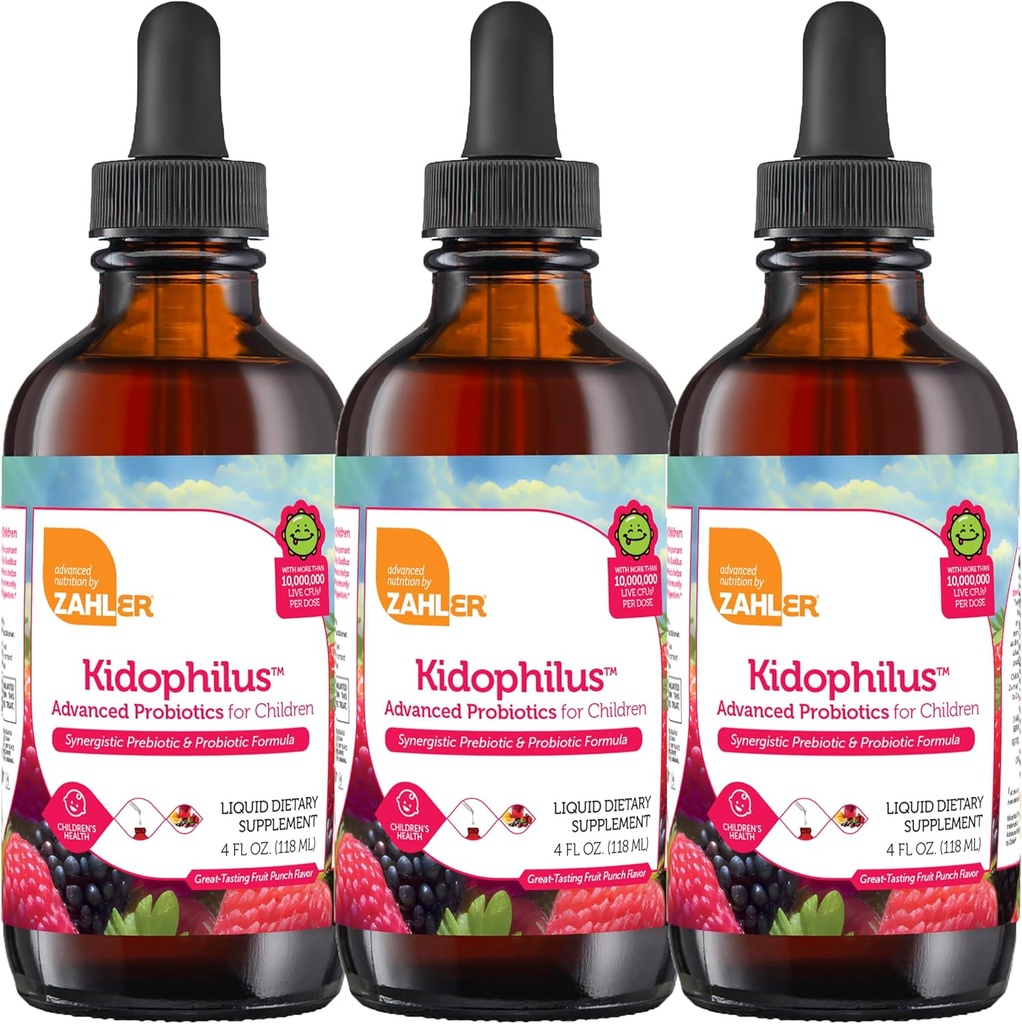 Zahler - Kidophilus Liquid Drops Probiotiká pre deti (4 Fl Oz) Certified Košer, pre zdravé trávenie a imunitnú podporu - Fruit Punch Ochutené detské probiotické kvapky doplnok (3 balenie)