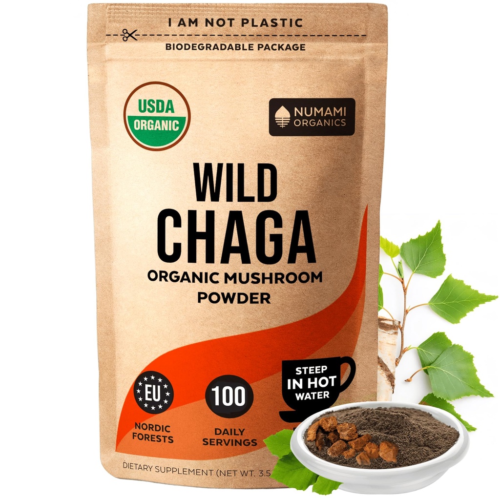 Organické Chaga Huby Powder - Jemný prášok na výrobu čaju Chaga pre imunitnú obranu a viac energie, Organické Chaga je Wild Grown a Trvalo udržateľný zber v Európe, Certified USDA Organic, 100 porcií