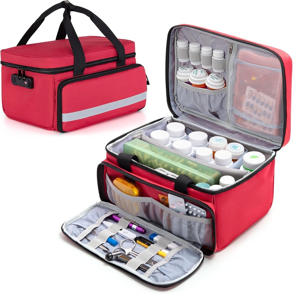 CURMIO Organizátor fľaše pilulky, lekáreň taška s zámkom pre predplatné fľaše a prvej pomoci Kits, červená (Patented Design)